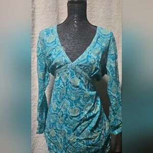 Turquoise Floral V-Neck Blouse